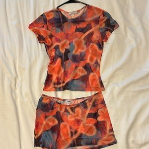 Miaou Mini Tee & Mini Skirt Set in Neon Peach Floral